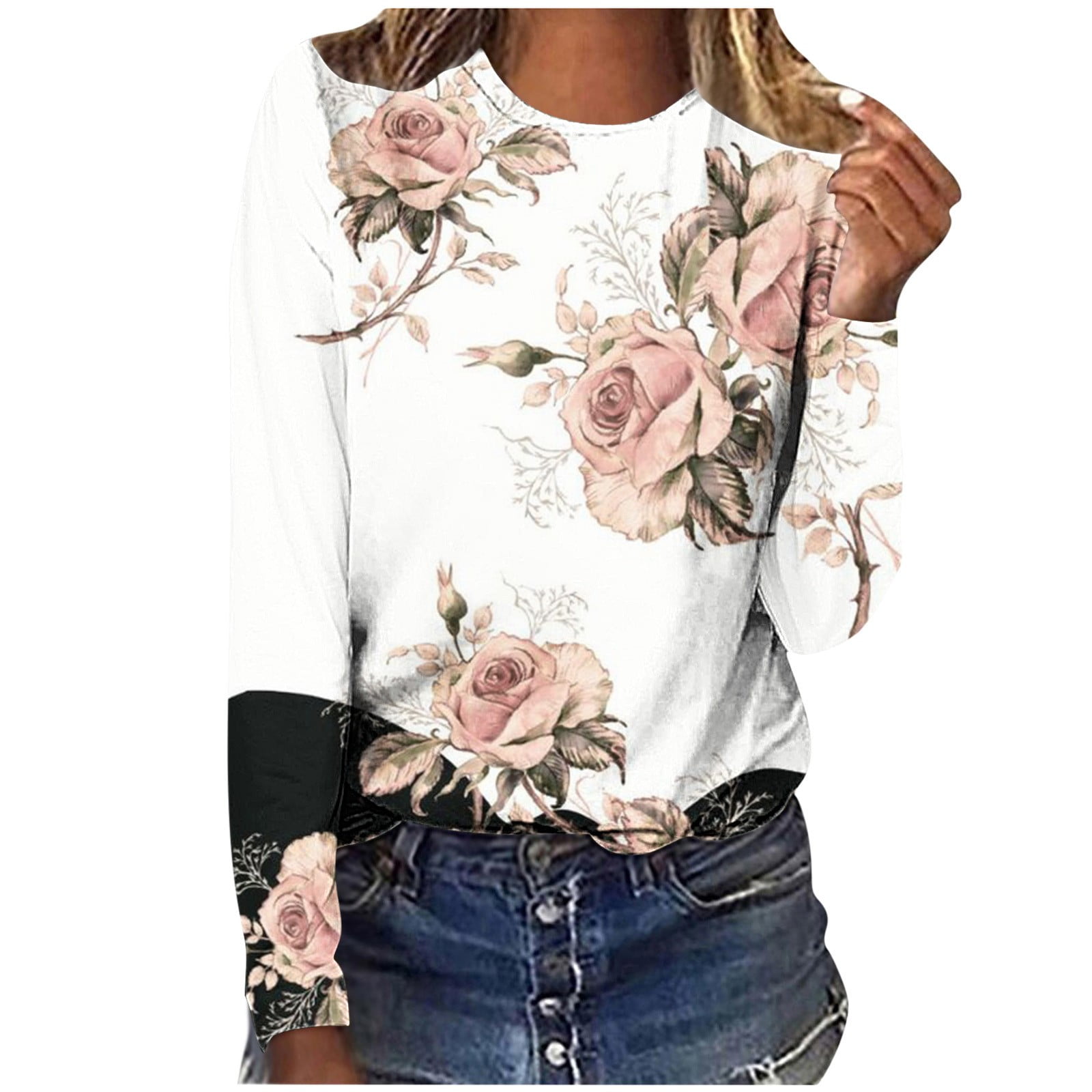 Elainilye Fashion Womens Tees Casual Round Neck Stitching Contrast Color  Long Sleeve Top Blouse 