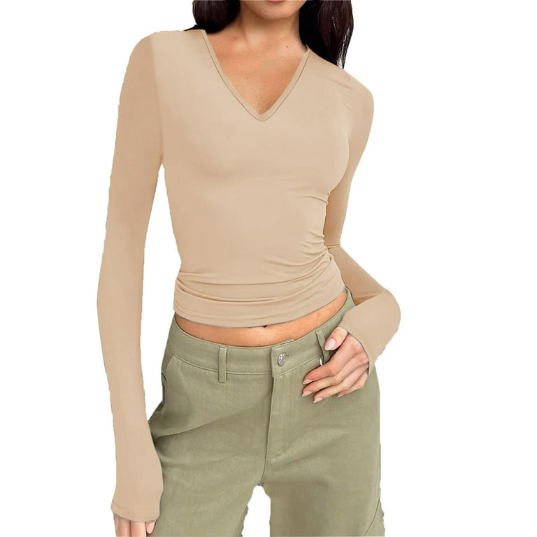 Elainilye Fashion Long Sleeve Shirts For Women Underscrubs Solid Color V  Neck Long Sleeve Knitting Shirt Slim Blouse Tops,Beige 