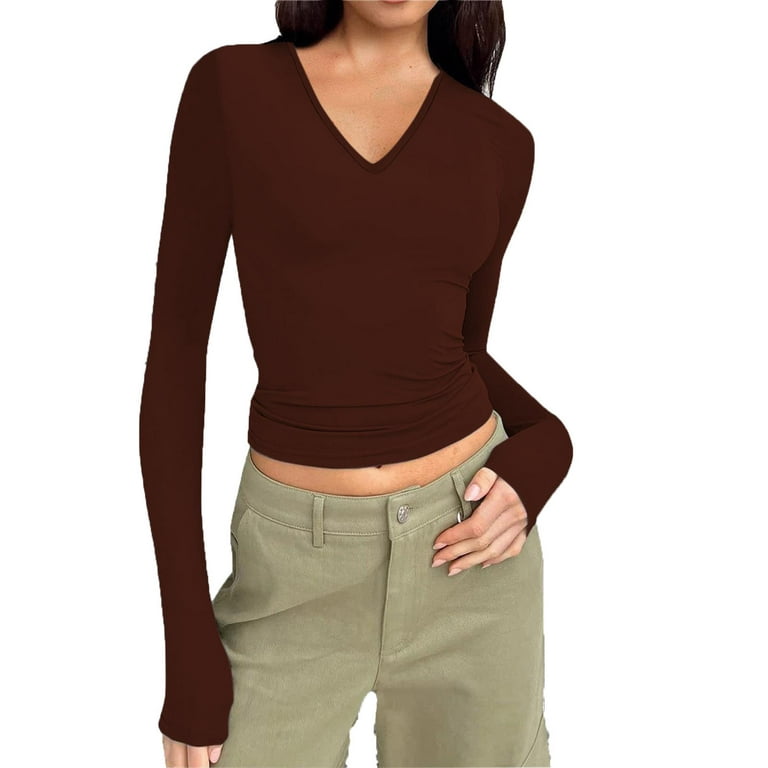 Elainilye Fashion Long Sleeve Shirts For Women Underscrubs Solid Color V  Neck Long Sleeve Knitting Shirt Slim Blouse Tops,Brown