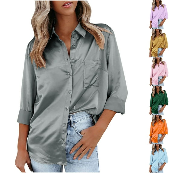 Elainilye Fashion Long Sleeve Shirts for Women Plus Size Blouse Satin Silk Shirts Shirts Casual Loose Office Work Tunic Tops,Orange