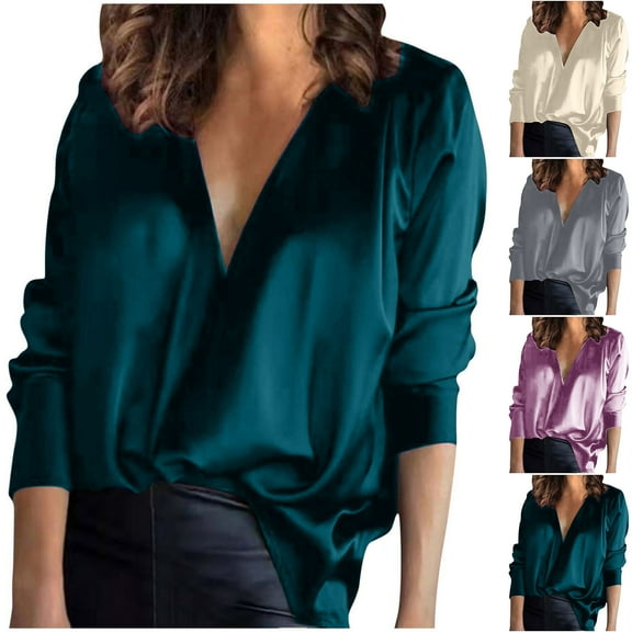 Elainilye Fashion Long Sleeve Shirts for Women Satin Blouse V-Neck Solid-color Commute Business Casual Tops Blouses Shirt,Purple
