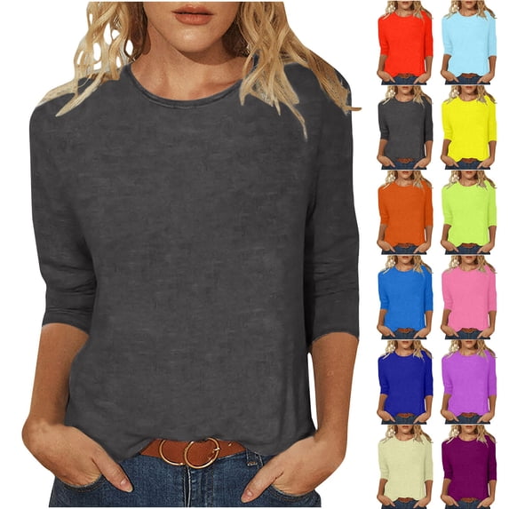Elainilye Fashion Long Sleeve Shirts for Women Solid T-shirt Mid-length 3/4 Sleeves Blouse Round Neck Casual Tops Undershirt,Red