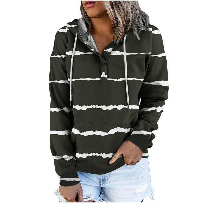 Elainilye Fashion Long Sleeve Tops Henley Graphic Printed Pocket Blouse  Casual Tops Sweatershirt Button Hoodies 
