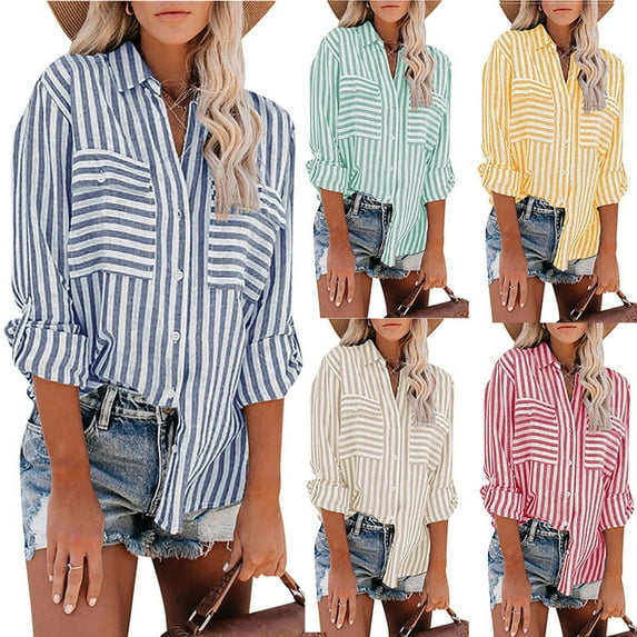 Elainilye Fashion Long Sleeve Tops Women Striped Printed Single Breasted Shirt Cotton Linen Tops Shirts,Blue