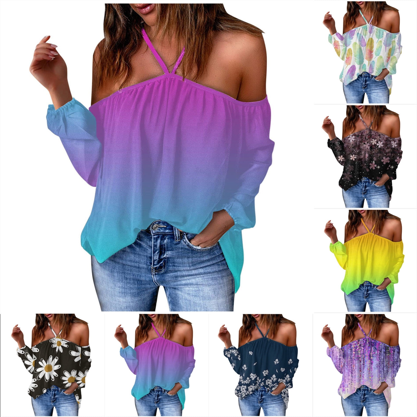 Elainilye Fashion Long Sleeve Tops for Women Flowers Printing VNeck