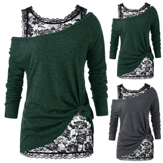 Elainilye Fashion Long Sleeve Tops for Women Round-Neck Lace Bottoming Top Casual Crew Neck Undershirt Tops,Green