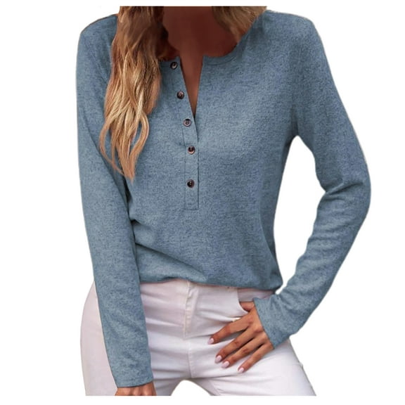Elainilye Fashion Long Sleeve Undershirt for Women Button Down Slim Fit Tops V-Neck Casual Solid Bottom Shirt Top Blouse,Blue