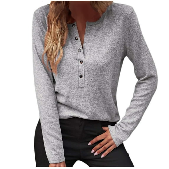 Elainilye Fashion Long Sleeve Undershirt for Women Button Down Slim Fit Tops V-Neck Casual Solid Bottom Shirt Top Blouse,Gray