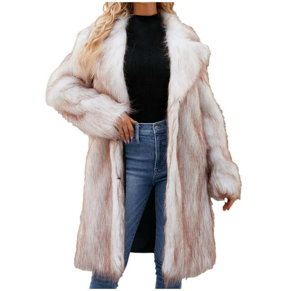 Elainilye Fashion Long Winter Coats for Women Ladies Warm Faux Furry Long Coat Jacket Winter Solid V-neck Outerwear,Beige