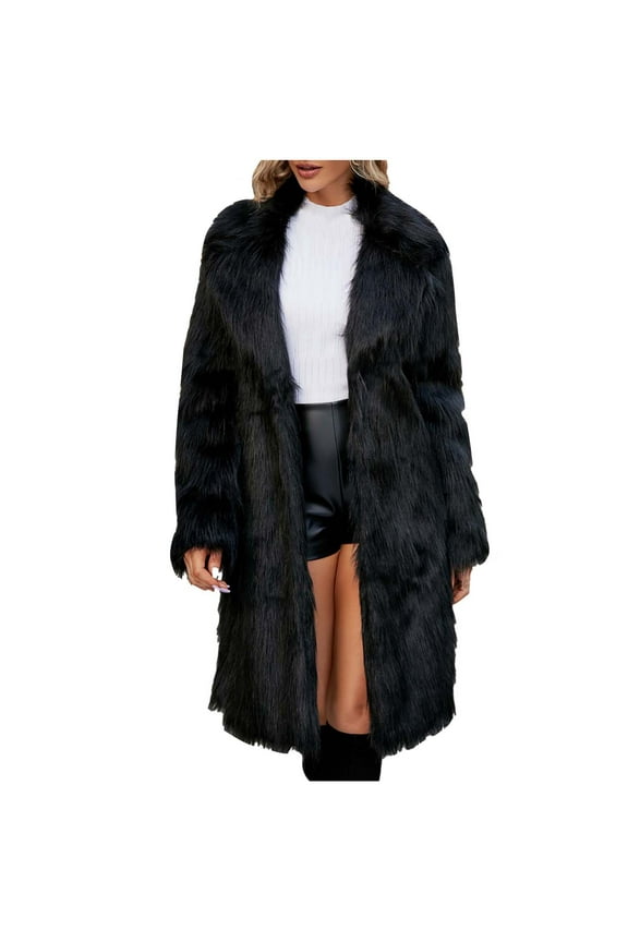 Fashion Long Winter Coats for Women Ladies Warm Faux Furry Long Coat Jacket Winter Solid V-neck Outerwear,Black