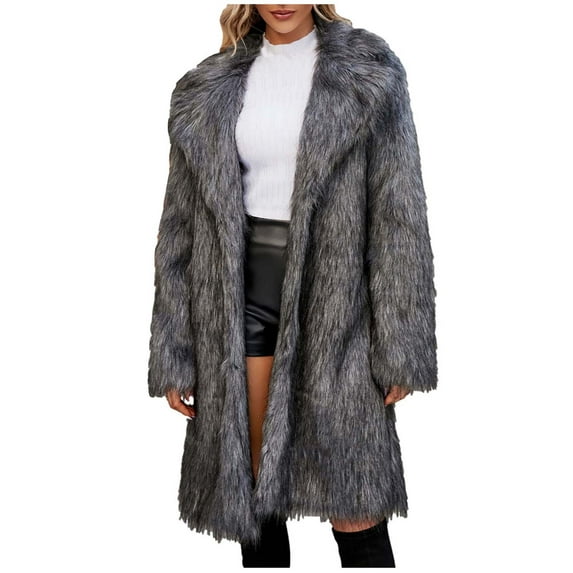 Elainilye Fashion Long Winter Coats for Women Ladies Warm Faux Furry Long Coat Jacket Winter Solid V-neck Outerwear,Gray