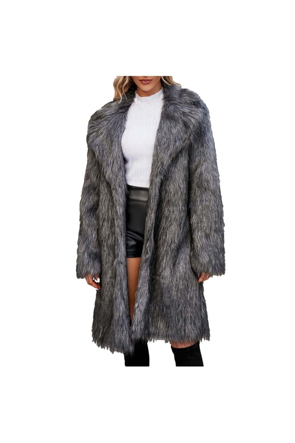 Fashion Long Winter Coats for Women Ladies Warm Faux Furry Long Coat Jacket Winter Solid V-neck Outerwear,Gray