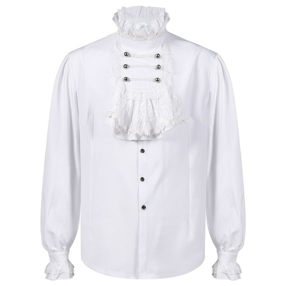 Elainilye Fashion Men Dress Shirt Mock Neck Solid Print Casual Shirt Pullover Top Long Sleeve Shirt Ruffled Renaissance Shirt Steampunk Trumpet Sleeve Top
