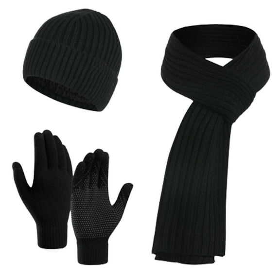 Elainilye Fashion Men and Women Hat Scarf Gloves Three-piece Suit Knitted Thick Warmth Woolen Hat Long Knit Scarf Touchscreen Gloves,Black