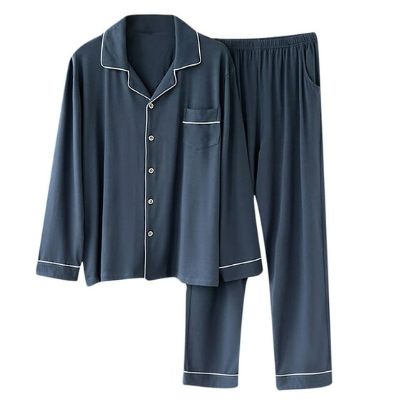 Elainilye Fashion Men's Pajama Sets Casual Solid Cardigan Long Sleeves Sleepwear Tops and Pants Pajama Suit Loungewear,Blue
