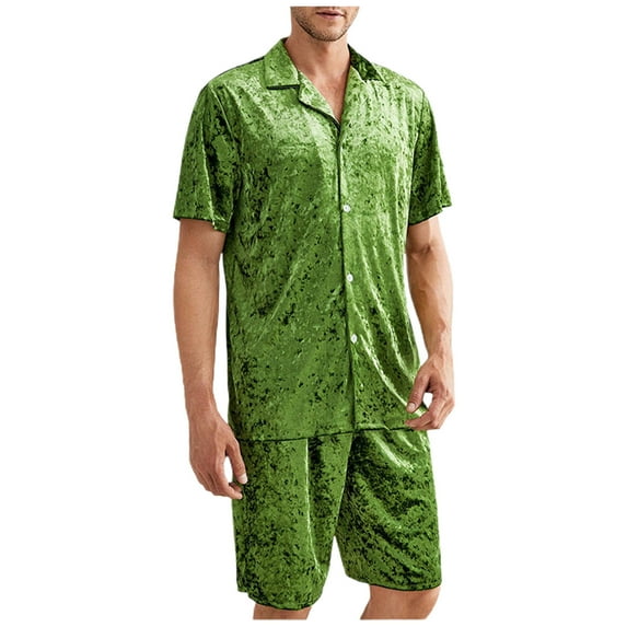 Elainilye Fashion Men's Pajama Sets Leopard Print Imitation Silk Pajama Set Thin Short Sleeve Shorts Home Wear,Green