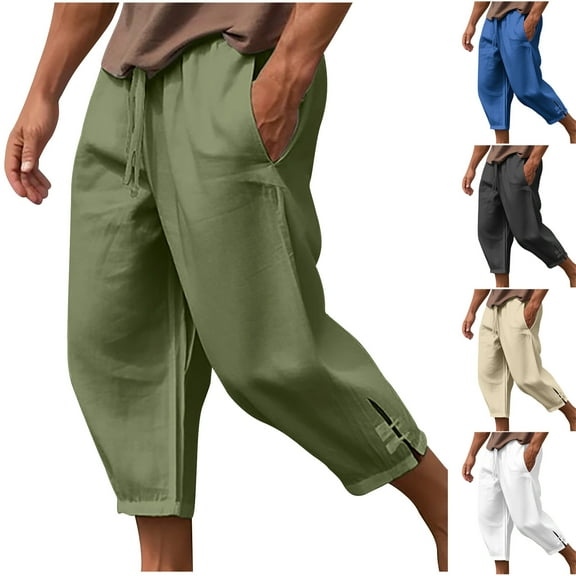 Elainilye Fashion Mens Casual Pants Linen Drawstring Pocket Elastic Belt Straight Plain Print Pants Baggy Trousers,Blue