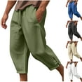 thumbnail image 1 of Elainilye Fashion Mens Casual Pants Linen Drawstring Pocket Elastic Belt Straight Plain Print Pants Baggy Trousers,Green, 1 of 6