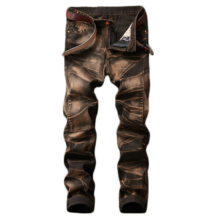 Elainilye Fashion Mens Jeans Cargo Jeans For Men Casual Straight Leg Jeans  Washed Tie-dye Cargo Pants Outdoor Baggy Jeans Trousers Pants,Brown 