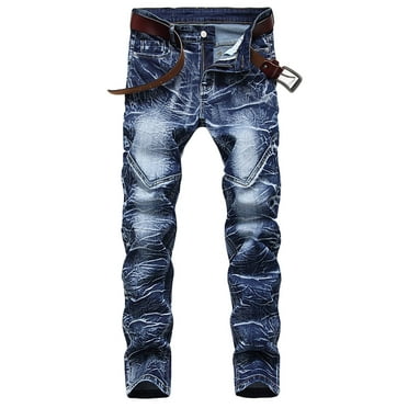 Elainilye Fashion Mens Jeans Slim Fit Stretch Jeans Straight Leg Button Zipper Washed Denim Trend Jeans Trousers Pants,Blue