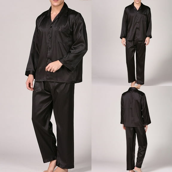 Elainilye Fashion Mens Pajama Sets Solid Casual Striped Long Sleeve Pajama Trousers with Pockets Button Down Pajama Set,Black