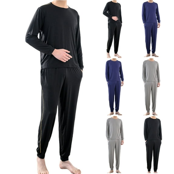 Elainilye Fashion Mens Pajamas Set Long Sleeve Pajamas Long Pants Pocket Pajama Pants Homewear Pajamas Two Piece Outfits,Gray