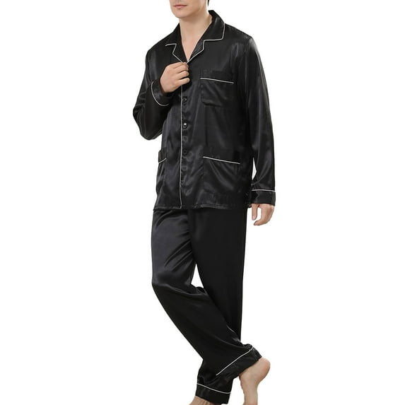 Elainilye Fashion Mens Pjs Summer Pajama Print Casual Turndown Collar Long Sleeve Pants Set Sleepwear Homewear,Black