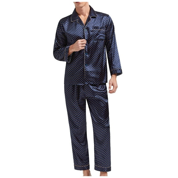 Elainilye Fashion Mens Pjs Summer Pajama Print Casual Turndown Collar Long Sleeve Pants Set Sleepwear Homewear,Blue