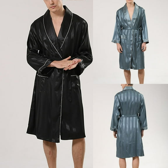 Elainilye Fashion Mens Robes Solid Casual Long Sleeves Lace-up Colorblock Homewear Long Pajama Robe Nightgown,Black