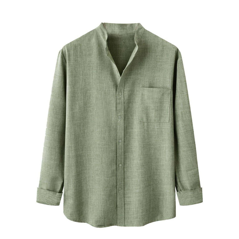 Elainilye Fashion Mens Shirt Winter Stand Collar Long Sleeve Shirts Solid  Color Cotton Linen Shirt Top Blouse,Green