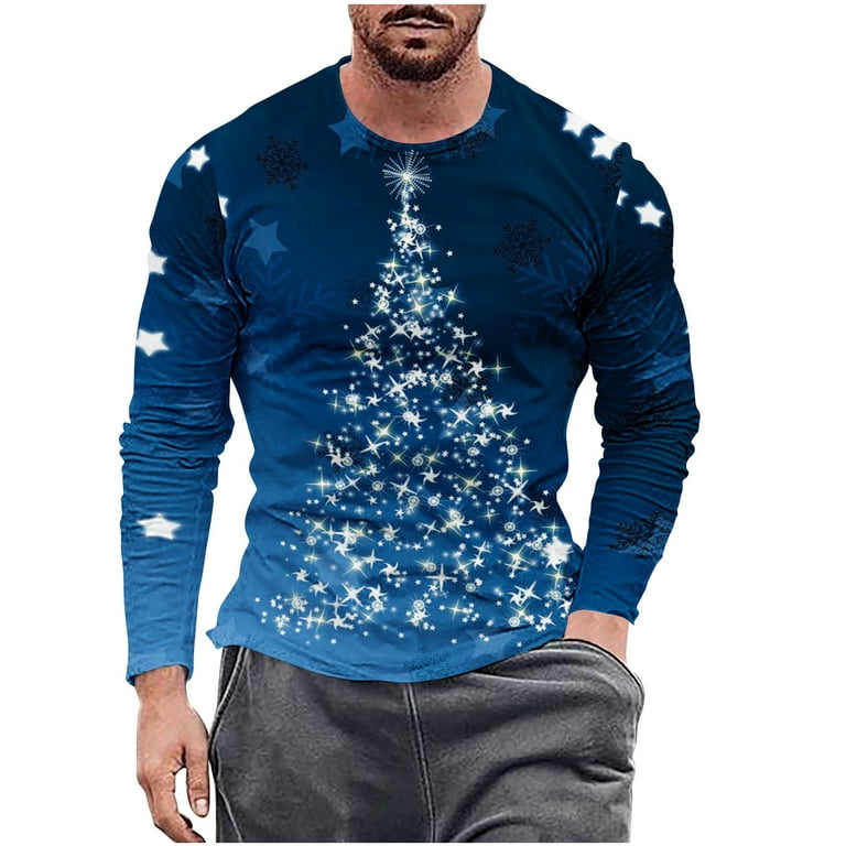Elainilye Fashion Mens Shirts Christmas Printing Round Neck Long Sleeve Top  Casual Loose Pullover Top T-Shirt Tops,Blue
