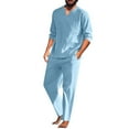 thumbnail image 1 of Elainilye Fashion Mens Shirts Set Casual Solid V-neck Shirt Cotton And Linen Pullover Top Long Sleeve Blouse Trouser Suit,Blue, 1 of 9