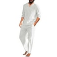 thumbnail image 1 of Elainilye Fashion Mens Shirts Set Casual Solid V-neck Shirt Cotton And Linen Pullover Top Long Sleeve Blouse Trouser Suit,White, 1 of 9