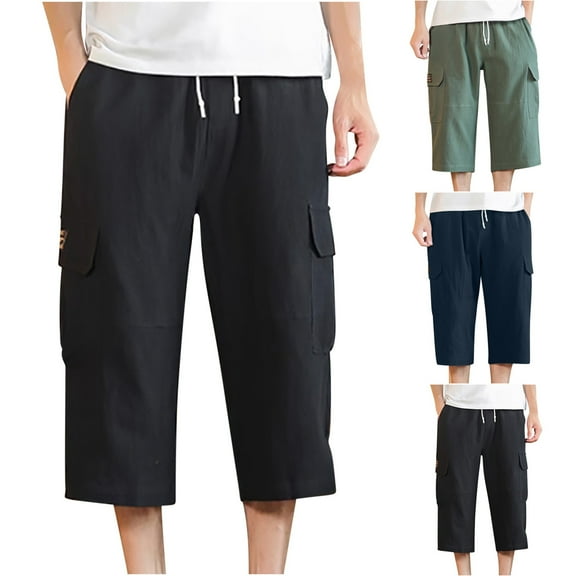 Elainilye Fashion Mens Summer Shorts Loose Cotton Linen Work Pants Oversized Casual Straight Leg Capris Cropped Trousers,Black
