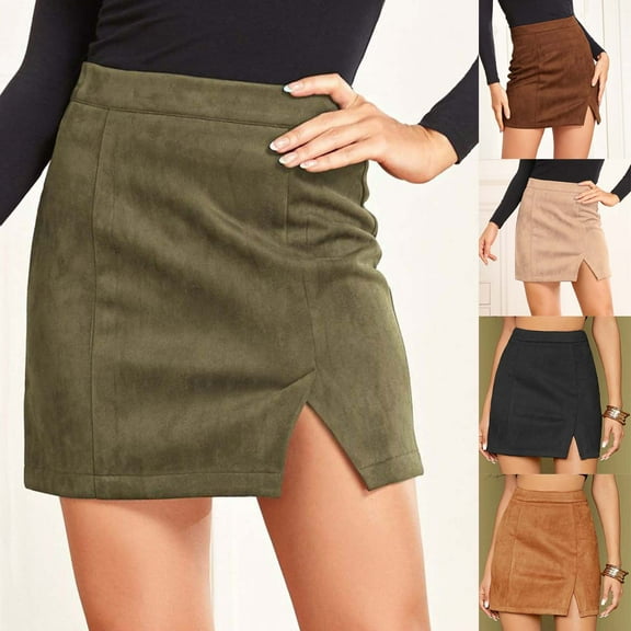 Elainilye Fashion Midi Skirt with Slit Casual Bag Hip Short Skirt High Waist Zipper and Spring A-line Solid Color Skirt,Brown