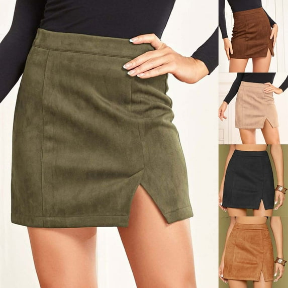 Elainilye Fashion Midi Skirt with Slit Casual Bag Hip Short Skirt High Waist Zipper and Spring A-line Solid Color Skirt,Brown