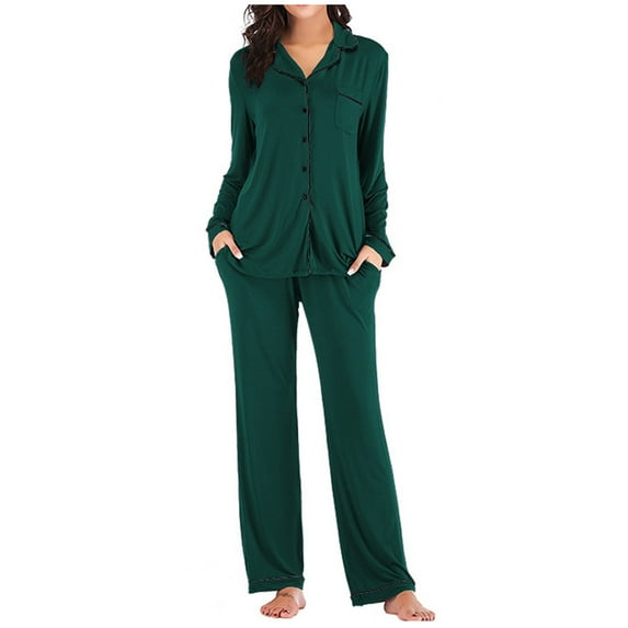 Elainilye Fashion Modal Pajamas Women Single-breasted Pajamas Autumn Winter Long Sleeve Pajama Pants Homewear Sleepwear Pajama Set,Green