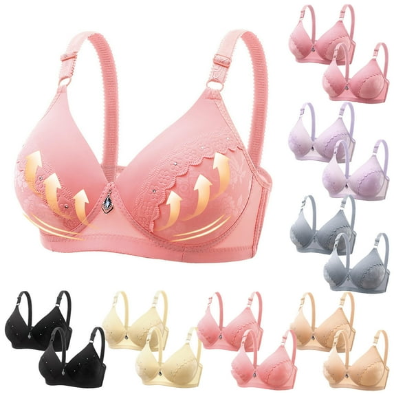 Elainilye Fashion No Underwire Bras for Women 2PC Traceless Underwear Comfortable Breathable Gathering Front Buckle Bra,Red