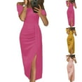 thumbnail image 1 of Elainilye Fashion Off Shoulder Dresses for Women Sexy Solid High Slit Waist Ruched Dresses Bodycon Evening Party Dress,Pink, 1 of 7