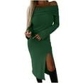 thumbnail image 1 of Elainilye Fashion Off the Shoulder Dresses for Women Spring Solid Long-Sleeved Slit Long Dresses Concert Outfit,Green, 1 of 7