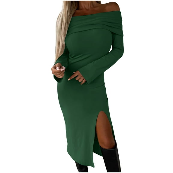 Elainilye Fashion Off the Shoulder Dresses for Women Spring Solid Long-Sleeved Slit Long Dresses Concert Outfit,Green
