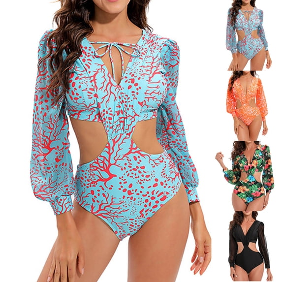 Elainilye Fashion One Piece Bathing Suit Printed Comfortable Loose Swimsuit Casual V-Neck Attractive Swimsuit,Black