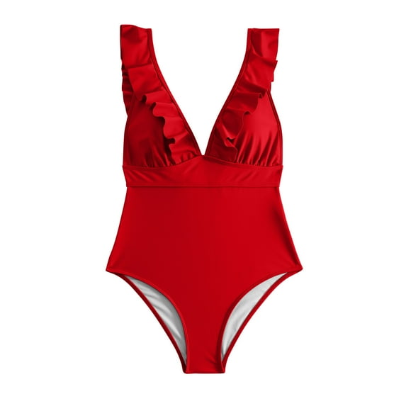 Elainilye Fashion One Piece Bathing Suit for Women Solid Sexy Tummy Control Swimsuit Beach Bikini Set Swimsuit Beachwear,Red