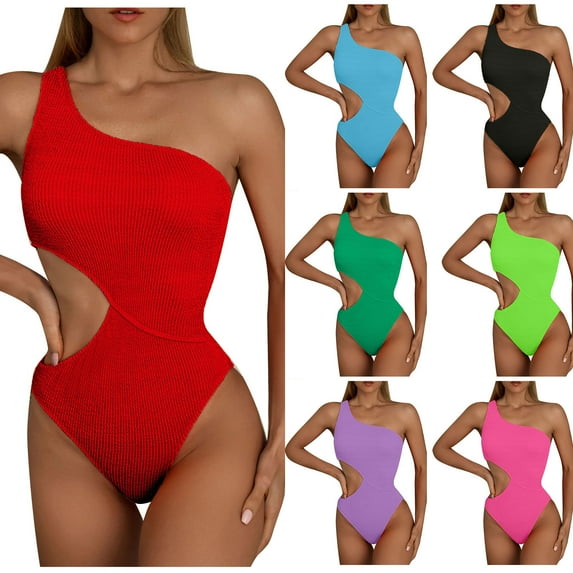 Elainilye Fashion One Piece Swimsuit Women Summer Sexy Solid Color One Shoulder One-Piece Bikini Set Swimwear,Blue