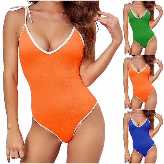 Elainilye Fashion One Piece Swimsuit for Women Sexy Solid Color Swimwear Slim Swimsuits Bikini Beachwear,Orange