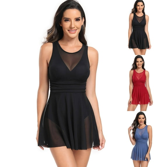 Elainilye Fashion One Piece Swimsuit for Women Swim Dress Sports Oversized Mesh Skirt Bikini Swimsuit Beachwear,Black