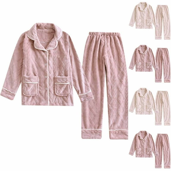 Elainilye Fashion PJs for Women Fall Solid Color Casual Comfortable Button Long Sleeve Tops Pants 2 Piece Pajama Sets,Pink