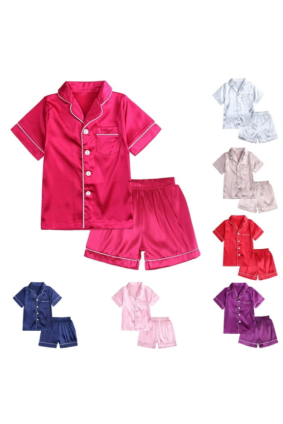 Fashion Pajama Set for Kid Baby Boy Girl Button-up Silk Pajama Sleepwear Nightwear Loungewear 2 Piece Set Gifts for Kids,Pink