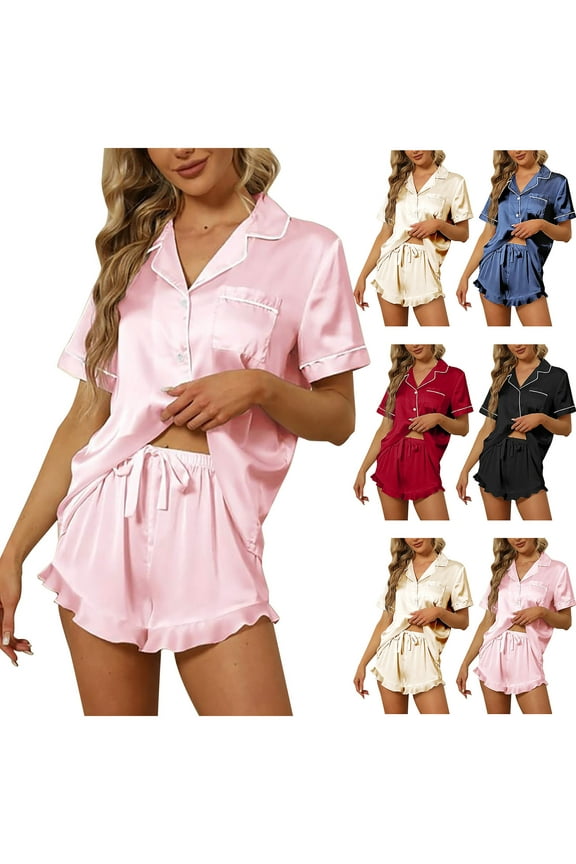 Fashion Pajama Set for Women Summer Satin Loose Casual Half V-Neck Plain Print Mid-Calf Shirt Pajama Set,Beige