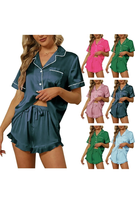 Fashion Pajama Set for Women Summer Satin Loose Casual Half V-Neck Plain Print Mid-Calf Shirt Pajama Set,Pink